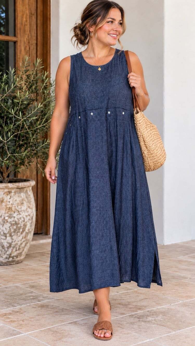 Vintage 3X Navy Blue Linen Blend Maxi Dress Sleeveless Modest Cottage Casual